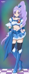 Rule 34 | absurdres, aono miki, artist name, belly, black thighhighs, blue footwear, blue skirt, boots, checkered floor, clover ornament, cure berry, dated, earrings, fresh precure!, full body, hair ornament, heart, heart earrings, heart hair ornament, highres, jewelry, long hair, midriff, multicolored background, navel, nightstark, pouch, precure, puffy short sleeves, puffy sleeves, purple eyes, purple hair, ribbon, short sleeves, skirt, thigh boots, thighhighs, tiara, very long hair