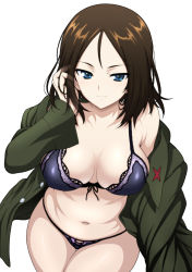 Rule 34 | 10s, 1girl, adjusting hair, bare shoulders, blue bra, blue eyes, bra, breasts, brown hair, cleavage, closed mouth, cowboy shot, girls und panzer, highres, isse, jacket, lace, lace-trimmed bra, lace-trimmed panties, lace trim, large breasts, leaning forward, light smile, long hair, navel, nonna (girls und panzer), off shoulder, open clothes, open jacket, panties, simple background, solo, stomach, thigh gap, underwear, white background