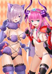 Rule 34 | &gt;:d, 2girls, :d, animal ears, argyle, argyle background, argyle clothes, armor, bikini, bikini armor, black gloves, black legwear, blue eyes, blush, bow, breasts, cape, cleavage, cowboy shot, curled horns, detached collar, diadem, elbow gloves, elizabeth bathory (fate), elizabeth bathory (halloween caster) (fate), eyes visible through hair, fang, fate/grand order, fate (series), flat chest, fur-trimmed gloves, fur-trimmed legwear, fur collar, fur trim, gloves, hair over one eye, highres, horns, large breasts, looking at viewer, mash kyrielight, mash kyrielight (dangerous beast), multiple girls, navel, official alternate costume, open mouth, pauldrons, pink bow, pink hair, pointy ears, purple eyes, purple gloves, purple hair, purple legwear, red bikini, revealing clothes, saruchitan, short hair, shoulder armor, smile, standing, stomach, swimsuit, tail, thighhighs, two side up, v-shaped eyebrows, vambraces, white cape, wolf ears, wolf tail