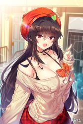 Rule 34 | 1girl, ahoge, arm up, artist name, bare shoulders, beret, black bra, black choker, blurry, blush, bow, bra, bra strap, breasts, brown hair, choker, cleavage, commentary request, depth of field, hair between eyes, hair ornament, hairclip, hand up, hat, heart, heart hair ornament, highres, index finger raised, iris yuma, korean commentary, large breasts, long hair, long sleeves, looking at viewer, maett, off-shoulder, off-shoulder sweater, off shoulder, open mouth, outdoors, plaid, plaid skirt, red bow, red eyes, red hat, red skirt, skirt, solo, soulworker, standing, sweater, underwear, very long hair