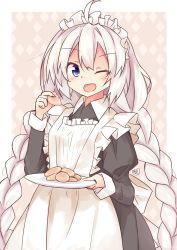 Rule 34 | 1girl, apron, black dress, blue eyes, braid, commentary, cookie, dress, food, frilled apron, frills, highres, holding, holding cookie, holding food, holding plate, inuhachi (inukoro), kizuna akari, long hair, looking at viewer, maid, maid headdress, one eye closed, open mouth, plate, platinum blonde hair, smile, solo, twin braids, upper body, very long hair, voiceroid