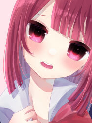 Rule 34 | 1girl, absurdres, arima kana, blunt bangs, blush, bow, close-up, collared shirt, commentary request, highres, mqorz, open mouth, oshi no ko, partial commentary, pink background, pink bow, red eyes, red hair, school uniform, shirt, short hair, sidelocks, simple background, solo, teeth, youtou high school uniform