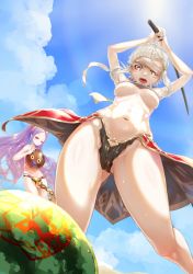 Rule 34 | 2girls, adapted costume, areola slip, armpits, ball, beachball, bikini, blindfold, bokken, breasts, day, fate/grand order, fate (series), food, from below, fruit, highres, holding, holding ball, holding sword, holding weapon, long hair, medium breasts, multiple girls, navel, open mouth, parted bangs, penthesilea (fate), purple eyes, purple hair, sidelocks, sky, standing, suikawari, swimsuit, sword, underboob, uvula, very long hair, watermelon, weapon, wei yu, white blindfold, white hair, wooden sword, wu zetian (fate), yellow eyes