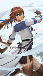 Rule 34 | 1girl, absurdres, air current, armband, bandaged leg, bandages, bangs, belt, black belt, black skirt, black survival, blood, blood on clothes, blood on face, bloody knife, bloody weapon, blue bow, blue earrings, blue eyes, blue shirt, bow, brown belt, brown gloves, brown hair, brown thighhighs, cathy huggins, coat, commentary, dark-skinned female, dark skin, earrings, english commentary, eternal return: black survival, gloves, hair between eyes, hair bow, heart, high heels, highres, holding, holding knife, holding weapon, jewelry, knife, leg up, long hair, looking at viewer, mistcastle, multiple belts, parted lips, ponytail, ribbed shirt, shirt, skirt, solo, thighhighs, torn clothes, torn skirt, visible air, weapon, zettai ryouiki