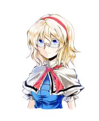 Rule 34 | 1girl, alice margatroid, bespectacled, blonde hair, blue eyes, capelet, glasses, hairband, kakao (noise-111), looking at viewer, short hair, simple background, smile, solo, touhou, white background