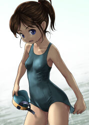 Rule 34 | 1girl, adjusting clothes, adjusting swimsuit, breasts, brown hair, commentary request, covered erect nipples, diving mask, goggles, grey one-piece swimsuit, highres, holding, one-piece swimsuit, original, ponytail, rohitsuka, school swimsuit, short hair, signature, small breasts, solo, swimsuit, wading, water, wet, wet clothes, wet swimsuit, white background