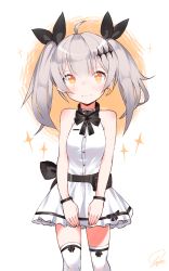 Rule 34 | 1girl, aged down, ahoge, blush, bracelet, bright pupils, commentary, cowboy shot, crescent, crescent earrings, dress, earrings, five-seven (adventures of fenfen) (girls&#039; frontline), five-seven (girls&#039; frontline), girls&#039; frontline, grey hair, hair ornament, hair ribbon, hairclip, highres, jewelry, long hair, looking at viewer, official alternate costume, orange eyes, petite, ribbon, single earring, sleeveless, sleeveless dress, solo, thighhighs, tosyeo, twintails, wavy mouth, white background, white dress, white pupils, white thighhighs, zettai ryouiki