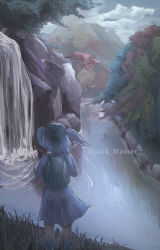 Rule 34 | 1girl, artist name, backpack, bag, blue hair, blue shirt, blue skirt, blue socks, cloud, cloudy sky, commentary request, day, facing away, feet out of frame, forest, green bag, green hat, hat, highres, jack masser, kawashiro nitori, kneehighs, long sleeves, mountain, nature, outdoors, pleated skirt, river, scenery, shirt, short hair, skirt, sky, socks, solo, standing, touhou, tree, two side up, water, waterfall