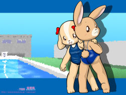 Rule 34 | 1980s (style), 2girls, blush, rabbit, child, dog, furry, furry female, looking at viewer, maple town, multiple girls, oldschool, patty (maple town), retro artstyle, rolly (maple town), smile, swimsuit, ten