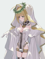 Rule 34 | 10s, 1girl, blonde hair, breasts, bridal veil, chain, chain necklace, cleavage, fate/extra, fate/extra ccc, fate (series), fkey, full-length zipper, green eyes, head wreath, large breasts, leotard, lock, necklace, nero claudius (bride) (fate), nero claudius (bride) (third ascension) (fate), nero claudius (fate), nero claudius (fate) (all), padlock, short hair, simple background, solo, strapless, strapless leotard, thighhighs, veil, white leotard, zipper, zipper pull tab