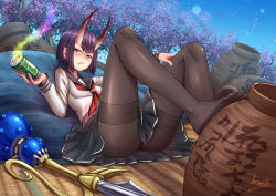 Rule 34 | 1girl, adsouto, bare shoulders, beer can, bob cut, breasts, can, cherry blossoms, collarbone, contemporary, drink can, eyeliner, fate/grand order, fate (series), feet, highres, horns, leaning back, long sleeves, looking at viewer, makeup, oni, pantyhose, pot, purple eyes, purple hair, school uniform, serafuku, short hair, shuten douji (fate), skin-covered horns, small breasts, solo, sword, toes, tree, weapon