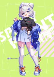 Rule 34 | 1girl, :d, absurdres, ahoge, akovo, bag, black shirt, blue eyes, blue footwear, blue jacket, blue skirt, cable, cat hair ornament, claw pose, crop top, fang, fish hair ornament, full body, grey hair, hair between eyes, hair ornament, hat, highres, jacket, jewelry, long sleeves, necklace, open clothes, open jacket, open mouth, original, pleated skirt, shirt, shoes, shoulder bag, skin fang, skirt, smile, solo, standing, thick eyebrows, thighhighs, white hat, white thighhighs