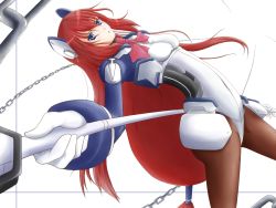 Rule 34 | 1girl, amputee, android, blue eyes, bodysuit, brown legwear, f walsingham, female focus, kyoukaisenjou no horizon, single mechanical arm, prosthesis, red hair, solo, staff, weapon