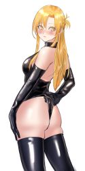 Rule 34 | 1girl, ass, asuna (sao), bare shoulders, braid, breasts, closed mouth, elbow gloves, french braid, gloves, halterneck, highres, kilye kairi, latex, latex leotard, leotard, long hair, looking at viewer, simple background, solo, sword art online, thighhighs, white background