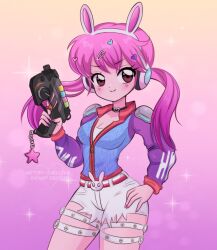 Rule 34 | 1990s (style), 1girl, absurdres, animal ear headphones, animal ears, animification, belt, blue jacket, blush, breasts, brown eyes, chellyko, choker, cleavage, collarbone, d.va (overwatch), energy gun, fake animal ears, hair ornament, hairclip, hand on own hip, headphones, heart, heart choker, heart hair ornament, heart on cheek, highres, holding, jacket, long hair, long sleeves, looking to the side, medium breasts, overwatch, overwatch 1, pink background, pink hair, rabbit ear headphones, rabbit ears, ray gun, red belt, retro artstyle, shirt, shorts, shoulder pads, smile, sparkle, standing, star (symbol), thigh strap, torn clothes, torn shorts, twintails, weapon, white shirt, white shorts, zipper