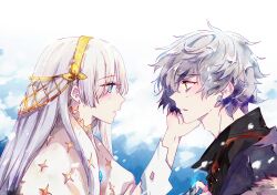 Rule 34 | 1boy, 1girl, anastasia (fate), black jacket, blue eyes, dress, earrings, fate/grand order, fate (series), from side, fur trim, hand on another&#039;s face, heeparang, jacket, jewelry, kadoc zemlupus, light blush, long hair, long sleeves, portrait, short hair, white dress, white hair, yellow eyes