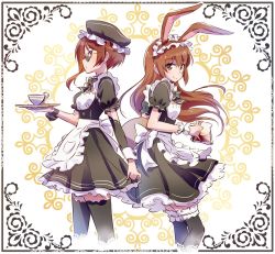 Rule 34 | 2girls, animal ears, apron, brown eyes, brown hair, coco adel, coffee, commentary, cup, frilled skirt, frills, hat, iesupa, maid, maid apron, maid cap, maid headdress, mob cap, multiple girls, rabbit ears, rwby, skirt, sunglasses, thighhighs, tray, velvet scarlatina, waitress