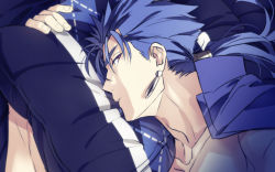 Rule 34 | 1boy, bed, blue hair, casual, cu chulainn (fate), earrings, fate/stay night, fate (series), jewelry, kon manatsu, cu chulainn (fate/stay night), long hair, male focus, pillow, ponytail, red eyes, solo