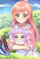Rule 34 | 2girls, aqua eyes, blue sky, blurry, blurry foreground, blush, bug, butterfly, carrying, child carry, closed mouth, collared dress, commentary request, day, dress, ellee-chan, forest, green eyes, hair bun, hair ribbon, half updo, highres, hirogaru sky! precure, holding baby, insect, long hair, long sleeves, meshiya (naruga-501-kuaru), multiple girls, nature, nijigaoka mashiro, open mouth, outdoors, pink dress, pink hair, precure, purple hair, ribbon, sailor collar, single hair bun, sky, smile, standing, swept bangs, two-tone dress, two side up, white dress, white ribbon, white sailor collar