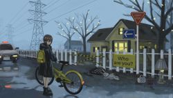 Rule 34 | 1girl, backpack, bag, bicycle, boots, building, car, caution tape, coat, english text, expressionless, female focus, fence, fog, highres, hood, house, lamp, motor vehicle, original, police car, power lines, puddle, raincoat, reflection, sign, solo, standing, stuffed toy, tree, yossy nekochan