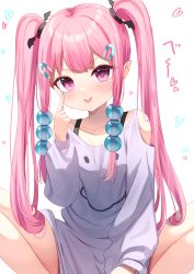 Rule 34 | 1girl, :p, absurdres, akanbe, bad id, bad pixiv id, bare shoulders, blush, closed mouth, clothing cutout, collarbone, commentary request, eyelid pull, hair ornament, hairclip, hand up, heart, highres, long hair, long sleeves, looking at viewer, original, pink hair, puffy long sleeves, puffy sleeves, purple eyes, purple shirt, shirt, shoulder cutout, simple background, sitting, smile, solo, spread legs, tongue, tongue out, translation request, tsukiman, twintails, v-shaped eyebrows, very long hair, white background