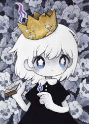 Rule 34 | 1girl, black dress, blue eyes, bright pupils, candle, crown, dress, fire, flower, hands up, holding, holding candle, medium hair, original, pansy, short sleeves, solo, spot color, tape, upper body, white hair, white pupils, zukky000