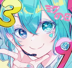 Rule 34 | 1girl, aqua eyes, aqua hair, aqua nails, close-up, closed mouth, hair between eyes, hatsune miku, headset, heart stickers, highres, long hair, looking at viewer, miku day, noa hxx, smile, solo, star (symbol), star in eye, symbol in eye, twintails, vocaloid