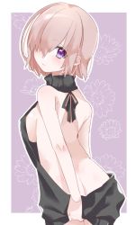 Rule 34 | 1girl, a-kiraa (whisper), ass, backless dress, backless outfit, bad id, bad pixiv id, bare back, bare shoulders, black dress, blush, breasts, butt crack, closed mouth, cowboy shot, dress, eyes visible through hair, fate/grand order, fate (series), floral background, hair over one eye, halterneck, looking at viewer, looking back, mash kyrielight, medium breasts, meme attire, naked sweater, pink hair, purple eyes, short hair, shoulder blades, sideboob, smile, solo, sweater, sweater dress, turtleneck, turtleneck sweater, virgin killer sweater