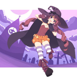 Rule 34 | 1girl, :d, alternate costume, bloomers, blush, boots, cape, child, claw pose, covered navel, drill hair, fang, flat chest, gloves, graveyard, hair ornament, halloween, hat, hazuki watora, jack-o&#039;-lantern, kani biimu, long hair, looking at viewer, momoko (momopoco), navel, open mouth, original, pumpkin, purple eyes, red hair, shirakawa mayo, shorts, smile, solo, star (symbol), star print, striped clothes, striped thighhighs, thighhighs, twin drills, twintails, underwear, very long hair, witch, witch hat