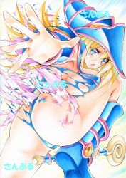 Rule 34 | 1girl, ass, blonde hair, blue eyes, blue footwear, blush stickers, boots, breasts, butt crack, commentary request, dark magician girl, duel monster, from behind, hat, holding, knee boots, large breasts, leg up, legs, looking at viewer, looking back, open mouth, outstretched arm, panties, sideboob, simple background, solo, thighs, torn clothes, torn panties, traditional media, underwear, wand, white background, wizard hat, yqgkg, yu-gi-oh!