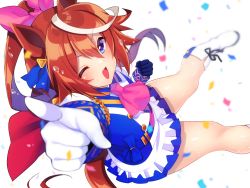 Rule 34 | 1girl, ;d, animal ears, ascot, asymmetrical gloves, blue eyes, blue gloves, boots, brown hair, clenched hand, confetti, gloves, hair ribbon, horse ears, horse girl, horse tail, index finger raised, long hair, long sleeves, mismatched gloves, multicolored hair, nanami neru, one eye closed, open mouth, pink ascot, pink ribbon, ponytail, ribbon, simple background, smile, solo, streaked hair, tail, tokai teio (umamusume), two-tone hair, umamusume, v-shaped eyebrows, white background, white footwear, white gloves, white hair