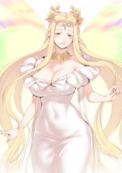 Rule 34 | 1girl, absurdres, aurora (fate), bare shoulders, blonde hair, blush, breasts, brown eyes, circlet, cleavage, collarbone, covered navel, dress, fairy, fate/grand order, fate (series), forehead, highres, jewelry, large breasts, long hair, looking at viewer, nakamura regura, narrow waist, necklace, parted bangs, pointy ears, smile, solo, very long hair, white dress, wings