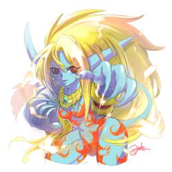 Rule 34 | 1girl, animal ears, anzuni (marblefrog), blonde hair, blue skin, breasts, breath of fire, breath of fire ii, colored skin, earrings, highres, jewelry, long hair, looking at viewer, medium breasts, open mouth, pointy ears, red eyes, rinpoo chuan, simple background, smile, solo, tail, very long hair, white background