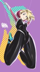 Rule 34 | 1girl, animification, arms up, blonde hair, blue eyes, bodysuit, breasts, dated, eyebrow piercing, full body, gentle sasaki, gwen stacy, highres, hood, hooded bodysuit, marvel, medium breasts, piercing, polka dot, signature, smile, solo, spider-gwen, spider-man: into the spider-verse, spider-man (series), spider-verse, superhero costume, webbing