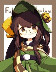 Rule 34 | 1girl, :3, animal ears, border, brown border, brown eyes, brown hair, character name, checkered clothes, checkered scarf, closed mouth, futatsuiwa mamizou, glasses, green kimono, japanese clothes, kimono, leaf, leaf on head, long hair, long sleeves, looking at viewer, raccoon ears, raccoon girl, scarf, smile, solo, touhou, uisu (noguchipint), white background