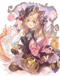 Rule 34 | 1girl, animal, animal ear fluff, animal ears, bell, black cat, black dress, black hat, black thighhighs, blonde hair, blush, bow, breasts, brown eyes, cat, cat ears, cat girl, cat tail, commentary request, commission, controller, copyright request, dress, game controller, hair between eyes, haku (sabosoda), hat, highres, holding, jack-o&#039;-lantern, jingle bell, long hair, looking at viewer, looking to the side, medium breasts, multicolored hair, neck bell, red hair, skeb commission, skirt, solo, streaked hair, striped, striped bow, tail, thighhighs, tilted headwear, virtual youtuber, white skirt, witch hat