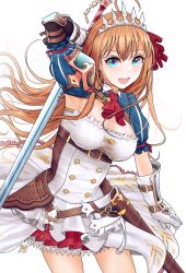 Rule 34 | 1girl, ahoge, bad id, bad pixiv id, blue eyes, blush, breasts, cleavage, gloves, hair between eyes, hair ornament, hair ribbon, highres, holding, holding sword, holding weapon, large breasts, long hair, looking at viewer, open mouth, orange hair, pecorine (princess connect!), princess connect!, red ribbon, ribbon, short sleeves, simple background, smile, solo, sword, tiara, turisasu, very long hair, weapon, white background, white gloves