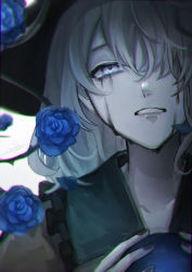 Rule 34 | 1girl, black headwear, blue flower, blue rose, blurry, chromatic aberration, collarbone, crying, crying with eyes open, depth of field, eyebrows hidden by hair, face, flower, frilled shirt collar, frills, grey eyes, grey hair, hair between eyes, hair over one eye, hands up, highres, komeiji koishi, looking at viewer, medium hair, nail polish, petals, plant, rokuya (68 zusao), rose, runny makeup, shirt, simple background, solo, tears, teeth, third eye, thorns, touhou, vines, white background, yellow shirt
