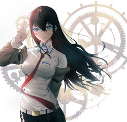 Rule 34 | 1girl, absurdres, belt, black pantyhose, black shorts, blue eyes, commentary request, dress shirt, highres, jacket, long hair, looking at viewer, makise kurisu, necktie, pantyhose, red hair, red necktie, shirt, shorts, simple background, smile, solo, steins;gate, user utfg4343, white shirt