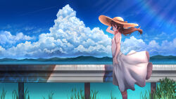 Rule 34 | 1girl, bare shoulders, black bow, blue eyes, blue sky, bow, breasts, brown hair, closed mouth, cloud, commentary, commentary request, contrail, cumulonimbus cloud, day, dress, english commentary, feet out of frame, floating hair, from side, grass, guard rail, hat, hat bow, lens flare, long hair, mixed-language commentary, mountainous horizon, ocean, original, outdoors, pasoputi, plant, scenery, shade, sidelocks, sky, sleeveless, sleeveless dress, small breasts, solo, standing, strap slip, straw hat, sun hat, sundress, sunlight, water, white dress, wide shot