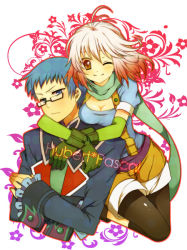 Rule 34 | 1boy, 1girl, bad id, bad pixiv id, blue eyes, blue hair, blue shirt, character name, floral background, glasses, gloves, gradient hair, hubert ozwell, multicolored hair, pascal (tales), red hair, scarf, shigure wasa, shirt, tales of (series), tales of graces, white hair, ws (pixiv)