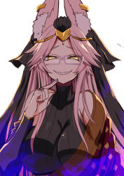 Rule 34 | 1girl, animal ears, breasts, fate/grand order, fate (series), fox ears, glasses, grin, half-closed eyes, indian clothes, koyanskaya (fate), koyanskaya (indian lostbelt outfit) (fate), large breasts, long hair, looking at viewer, nachisuke, pink hair, smile, solo, tamamo (fate), very long hair, yellow eyes