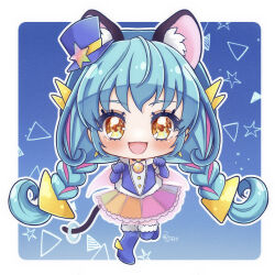 Rule 34 | 1girl, :d, animal ears, blue footwear, blue gloves, blue hair, blush, boots, braid, cat ears, cat tail, chibi, cure cosmo, dress, full body, fur-trimmed boots, fur trim, gloves, hat, highres, long hair, looking at viewer, magical girl, mini hat, mini top hat, multicolored hair, open mouth, paw pose, pink hair, precure, rainbow skirt, smile, solo, star twinkle precure, streaked hair, tail, tail ornament, tail ring, thigh boots, top hat, triangle hair ornament, twin braids, umiyuki (umi chu), very long hair, yellow eyes, yuni (precure)