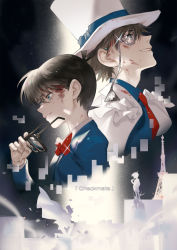 Rule 34 | 2boys, akumey, back-to-back, black-framed eyewear, blazer, blood, blood on clothes, blood on face, blue eyes, blue jacket, blue shirt, blurry, bow, bowtie, brown hair, cape, collared shirt, commentary request, cropped torso, depth of field, edogawa conan, english text, unworn eyewear, fingernails, floating cape, formal, from side, glasses, grin, hat, highres, holding, holding removed eyewear, jacket, kaitou kid, long sleeves, looking down, looking up, magic kaito, male focus, meitantei conan, monocle, monocle chain, multiple boys, multiple views, necktie, night, night sky, on one knee, parted lips, red bow, red neckwear, shirt, silhouette, sky, smile, smirk, sparkle, standing, star (sky), starry sky, suit, teeth, tokyo tower, top hat, tower, traditional bowtie, upper body, white headwear, white jacket, white shirt, white suit