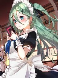 Rule 34 | 2girls, apron, black dress, black ribbon, blue eyes, blush, box, braid, breasts, commentary request, dress, earrings, frills, gift, gift box, green eyes, green hair, hair ornament, hair ribbon, hairclip, heart, heart earrings, jewelry, kantai collection, long hair, looking at viewer, maid, maid apron, maid headdress, medium breasts, mop, multiple girls, ponytail, puffy short sleeves, puffy sleeves, ribbon, short sleeves, side braid, side ponytail, silver hair, umikaze (kancolle), valentine, waist apron, wrist cuffs, yamakaze (kancolle), youmou usagi