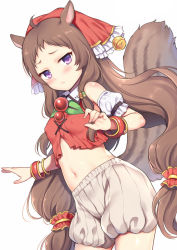 Rule 34 | 1girl, animal ears, bangle, bare shoulders, bell, bloomers, blush, bracelet, breasts, brown hair, closed mouth, collared shirt, commentary request, detached sleeves, dutch angle, covered erect nipples, fingernails, forehead, frills, head scarf, highres, jewelry, jingle bell, long hair, looking at viewer, navel, princess connect!, princess connect!, puffy short sleeves, puffy sleeves, purple eyes, red shirt, rin (princess connect!), sasachin (k+w), shirt, short sleeves, simple background, sleeveless, sleeveless shirt, small breasts, solo, squirrel ears, squirrel girl, squirrel tail, tail, tail raised, underwear, very long hair, white background, white bloomers, white sleeves