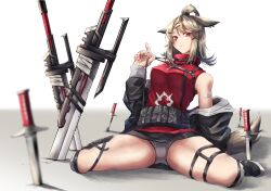 Rule 34 | 1girl, absurdres, animal ears, arknights, bandaid, bandaid on arm, bare shoulders, belt pouch, black footwear, black jacket, blurry, closed mouth, commentary, cutter (arknights), dagger, depth of field, fingernails, fox ears, fox tail, full body, grey hair, grey panties, grey tail, hair ornament, hairclip, harness, highres, jacket, jewelry, knife, kuromu, long sleeves, medium hair, necklace, off shoulder, open clothes, open jacket, panties, planted, planted sword, planted weapon, pouch, red eyes, red shirt, shirt, shoes, sidelocks, sitting, sleeveless, sleeveless shirt, solo, spread legs, sword, tail, thigh strap, topknot, turtleneck, underwear, wariza, weapon, white background, x hair ornament