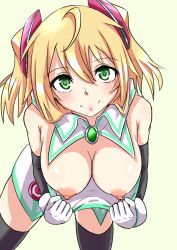 Rule 34 | 10s, 1girl, blonde hair, blush, breasts, breasts out, clothes pull, green eyes, hacka doll, hacka doll 1, looking at viewer, nipples, pulled by self, shirt pull, smile, solo, thighhighs, twintails