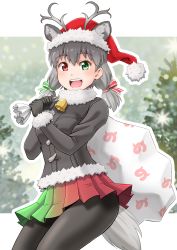 Rule 34 | 10s, 1girl, :d, animal ears, antlers, bad id, bad pixiv id, bell, black pantyhose, breasts, christmas, coat, commentary, deer ears, deer tail, ears through headwear, extra ears, fur-trimmed sleeves, fur collar, fur trim, gloves, gradient sky, green eyes, grey hair, hair ribbon, hat, heterochromia, highres, horns, japari symbol, kemono friends, looking at viewer, medium breasts, open mouth, outline, pantyhose, pleated skirt, pom pom (clothes), rainbow gradient, rainbow skirt, red eyes, reindeer (kemono friends), reindeer antlers, ribbon, sack, santa hat, skirt, sky, smile, solo, tail, takatsuki nao, white outline