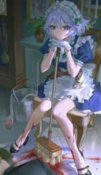 Rule 34 | 1girl, absurdres, apron, black footwear, blood, blood on ground, blood on leg, blood splatter, blue dress, blue eyes, bow, braid, bucket, candle, candlestand, chair, clock, closed mouth, commentary, corpse, drawing (object), dress, expressionless, frilled apron, frilled skirt, frills, gloves, grandfather clock, green bow, green ribbon, grey hair, highres, holding, holding mop, indoors, izayoi sakuya, jyuma, long hair, looking at viewer, maid, maid apron, maid headdress, mop, neck ribbon, own hands together, plant, pocket watch, potted plant, pouch, puffy short sleeves, puffy sleeves, ribbon, short sleeves, skirt, solo, touhou, twin braids, watch, white apron, white gloves
